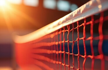 Red badminton net on indoor court illuminated by warm sunlight. Shallow focus on mesh detail, court background blurred, ready for game play. Energetic sport.
