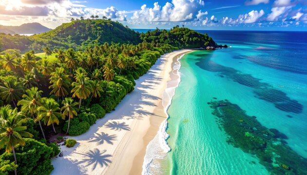 Aerial view of tropical beach with turquoise water and white sand, photorealistic