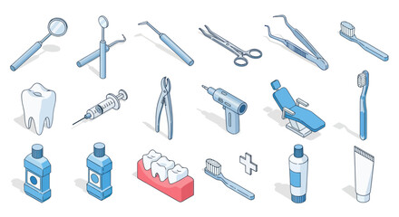Isometric Dental Tools and Hygiene Products Collection Line Art.