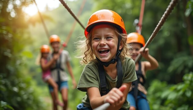 A happy young girl laughs while zip-lining through a lush green forest with her family. Parents and siblings also enjoy the exciting outdoor activity in nature.