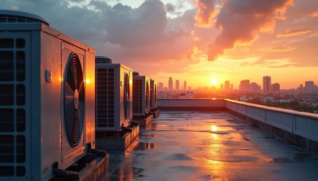 Commercial air conditioning units sit on a rooftop at sunset overlooking a city skyline. The sun reflects on the wet roof surface creating a warm glow.
