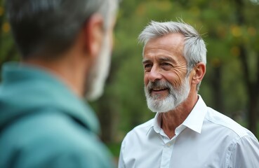 Older man smiles while talking with another person outdoors in park. Senior male shares wisdom, offers advice and support. Friends connect on relaxed day.