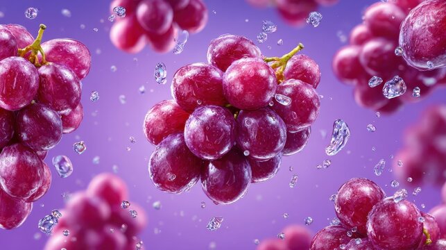 Luscious red grapes with sparkling water droplets against a soft lavender backdrop create a fresh and vibrant sensation, perfect for healthy living promotion