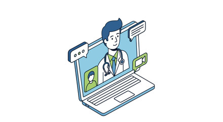 Telemedicine online doctor consultation on laptop screen with speech bubbles.