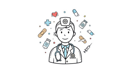 Cartoon Doctor with Medical Symbols and Accessories.