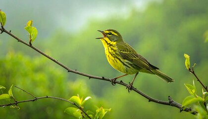 Fototapeta premium Warbler perched on branch, singing amidst soft focus foliage, bright yellow accents
