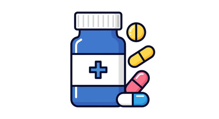 A blue medicine bottle with a medical cross symbol and various colorful pills and capsules.