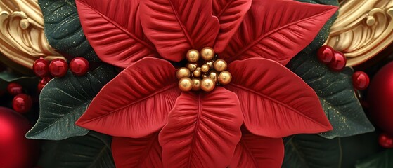 Vibrant red velvet poinsettia flower with golden center for Christmas decoration.