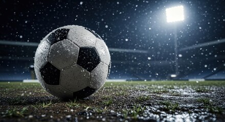 Naklejka premium A soccer ball sits on a wet, grassy field during a rainy night game, illuminated by stadium lights.