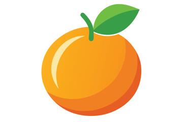 A round, bright orange fruit is shown with its green leaf and stem