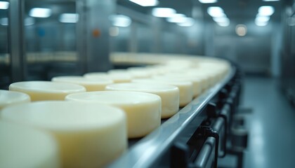 Fototapeta premium Round cheese wheels move along conveyor belt in modern dairy factory. Automated production line processes fresh dairy products with high quality standards. Clean facility ensures safe food
