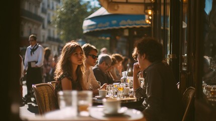 friends gathering at outdoor cafe restaurant golden hour social dining lifestyle urban scene