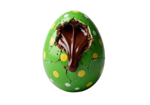 Vibrant green Easter egg, yellow & white polka dots, cracked, oozing dark chocolate ganache & crumbs, on transparent, extreme macro close-up concept of gourmet decadence