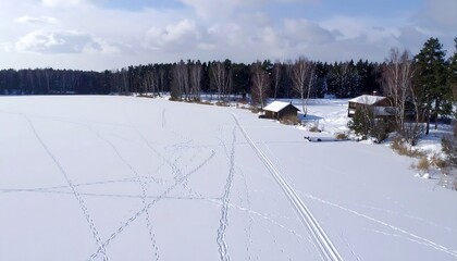 Snowy lake with building along the shore in a wintry landscape, tracks in foreground