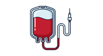 A stylized illustration of a medical blood bag for donation or transfusion with a tube and needle attached.