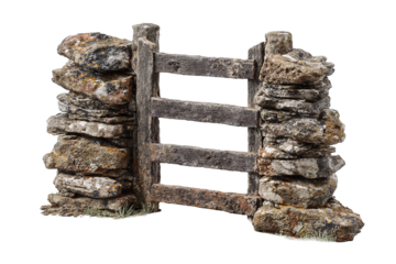 Rustic stone garden gate with three stacked tiers and wooden crossbar, isolated on transparent background.
