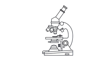 Detailed Line Art Illustration of a Scientific Compound Microscope for Laboratory Research.