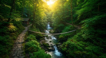 Obraz premium Lush Green Forest with Waterfall, Suspension Bridge, and Sun Rays at Golden Hour
