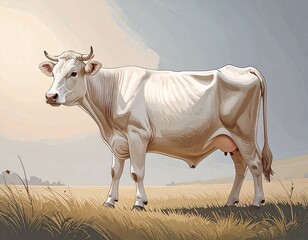 A pale cow stands in a field of tall grass under a hazy sky