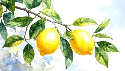 Watercolor illustration of lemons on a branch with leaves against a soft blue sky
