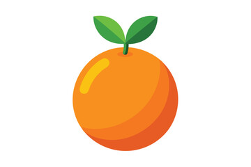 Fresh cartoon orange is displayed with two green leaves on the top against white