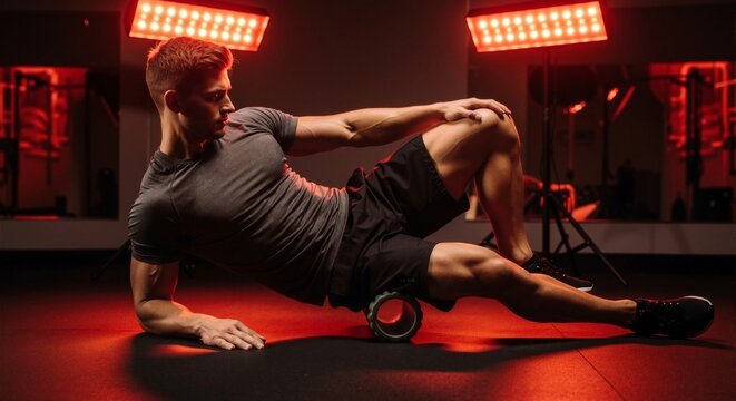 Man doing a foam roller exercise for muscle recovery in a red light therapy studio. Side view of an athlete during a cool-down workout