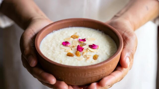 Traditional kheer in clay bowl, festive Indian dessert, sacred food offering, Sharad Purnima ritual, Hindu festival cuisine, sweet milk rice, cultural heritage, spiritual devotion, holy observance, ce