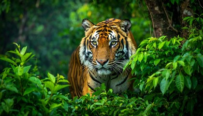 Tiger stares intently from lush green jungle foliage, focused and powerful gaze
