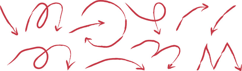 Collection of Hand Drawn Red Arrows and Curving Lines Pointing Various Directions
