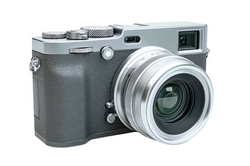 Compact mirrorless camera with charcoal body, silver top plate, and angled lens, isolated on transparent background.
