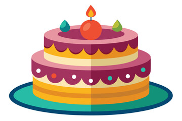 Two layered cake with colorful design and a burning candle displayed on the plate