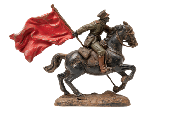 Toy soldier on rearing horse with crimson flag and scuffed saddle, isolated on transparent background.
