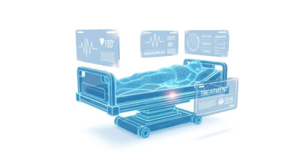 Holographic Patient on Hospital Bed with Medical Monitors.