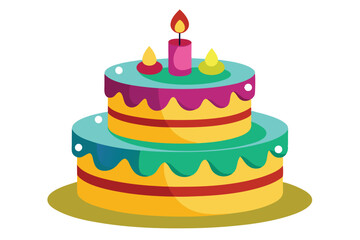 Twotiered frosted dessert features teal and gold layers, highlighted by pink candles atop