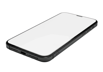 A dark grey smartphone with a sleek metallic casing, reflective blank screen, intricate camera, detailed speaker grilles, isolated on light grey with soft shadow. Concept for high-tech product