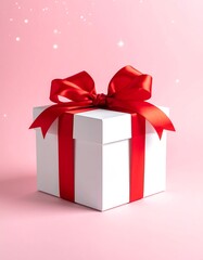 Fototapeta premium White Gift Box with Vibrant Red Ribbon and Bow on Pink Background present