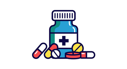 Cartoon Illustration of a Blue Medicine Bottle and Pills.