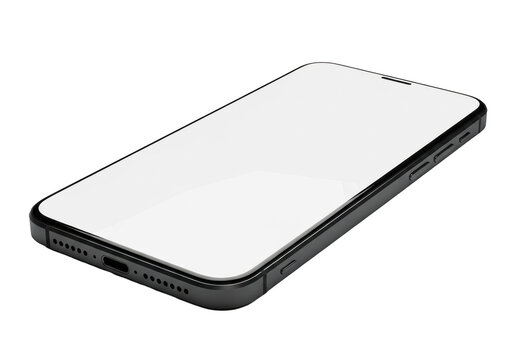 A dark grey smartphone with a sleek metallic casing, reflective blank screen, intricate camera, detailed speaker grilles, isolated on light grey with soft shadow. Concept for high-tech product