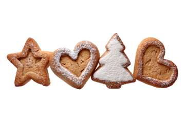 Four gingerbread cookies shaped as star, heart, tree, and man with sugar dusting, isolated on transparent background.

