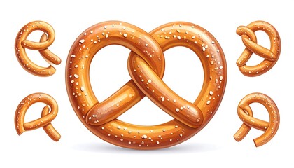 Five stylized pretzels, salted, golden brown, arranged against a white backdrop