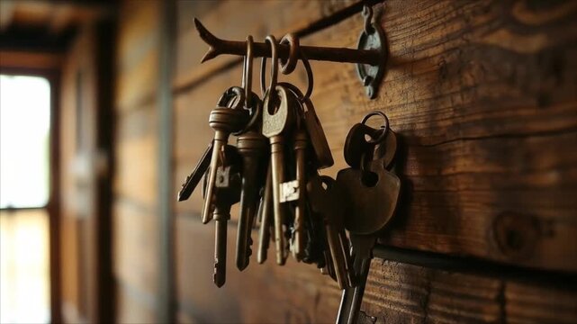 Keys hanging on a nail on wooden wall in rustic interior  