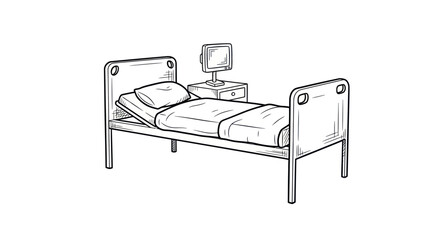 Hand-drawn sketch of a hospital bed with a bedside table and monitor.