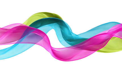 Three interlacing satin ribbons in magenta, cyan, and lime forming a soft wave, isolated on transparent background.

