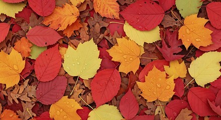 Colorful autumn leaves with water droplets on a forest floor in the fall season