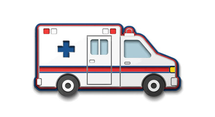 Cartoon Ambulance with Red Stripe and Blue Cross Symbol.