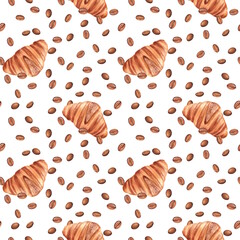 Seamless hand-drawn watercolor pattern with fresh croissants and coffee beans scattered on white background