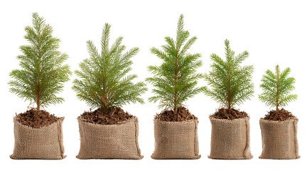 Row of five fir saplings wrapped in burlap bases, stepping heights, isolated on transparent background.
