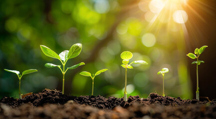 Green sprouts grow in soil with sunlight; depicts growth, nature, hope. Great for websites, posters, branding.