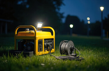 Yellow portable generator runs on grass at night. Electric power device has an attached cable reel. Backup energy source operates with a bright light.