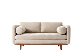 Fototapeta premium Minimalist two-seater sofa with cylindrical bolster and oak legs, isolated on transparent background. 